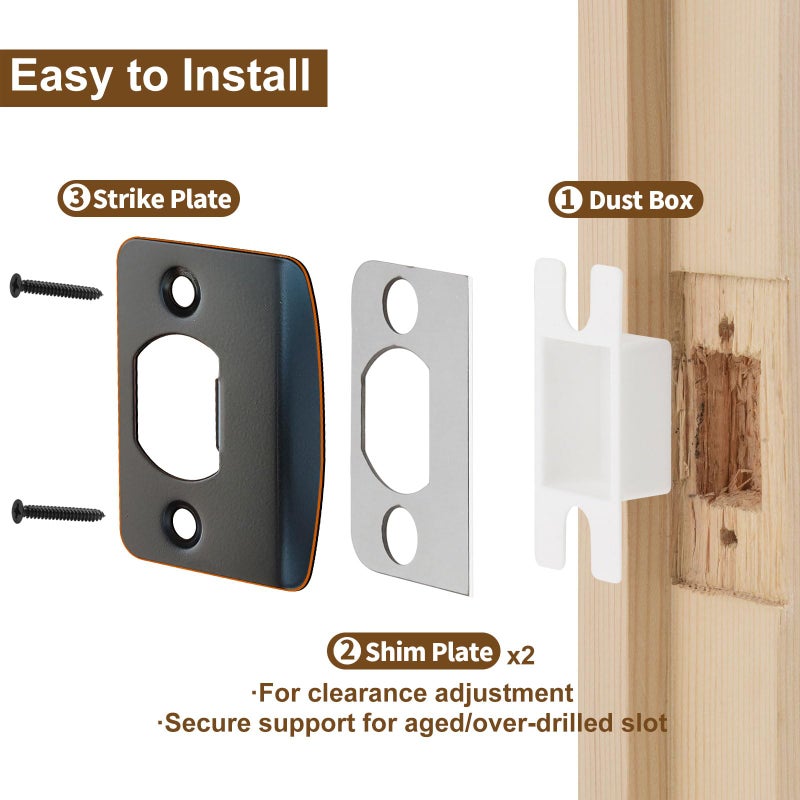 MOSECYOU Standard Door Lock Strike Plate with Spacer Shim, Oil Rubbed Bronze, Door Latch Restorer, Universal Security Striker, Repair Kits to Fix Door Wont Latch Close - Image 3